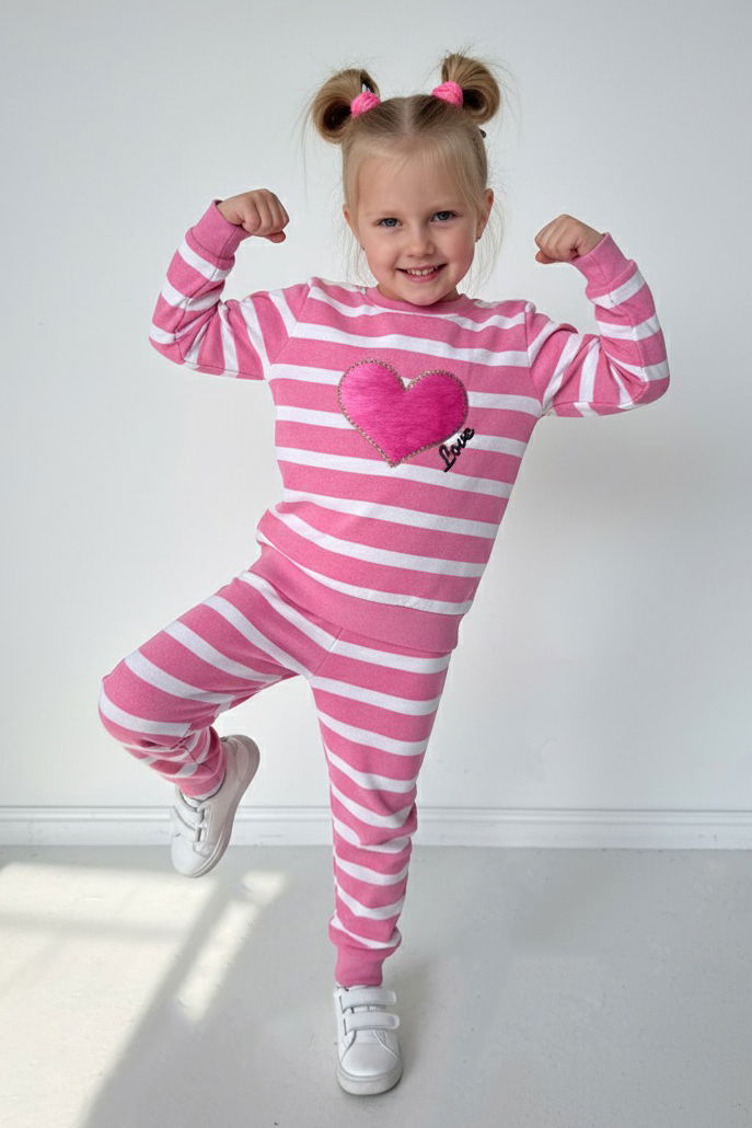 Kız Çocuk Pembe Çizgili Nakışlı İki İplik İkili Takım - 28010-PEMBE - TOFİSA