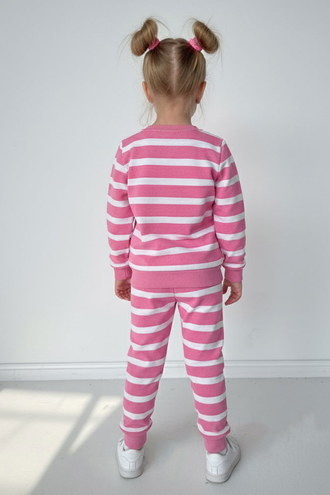 Kız Çocuk Pembe Çizgili Nakışlı İki İplik İkili Takım - 28010-PEMBE - TOFİSA