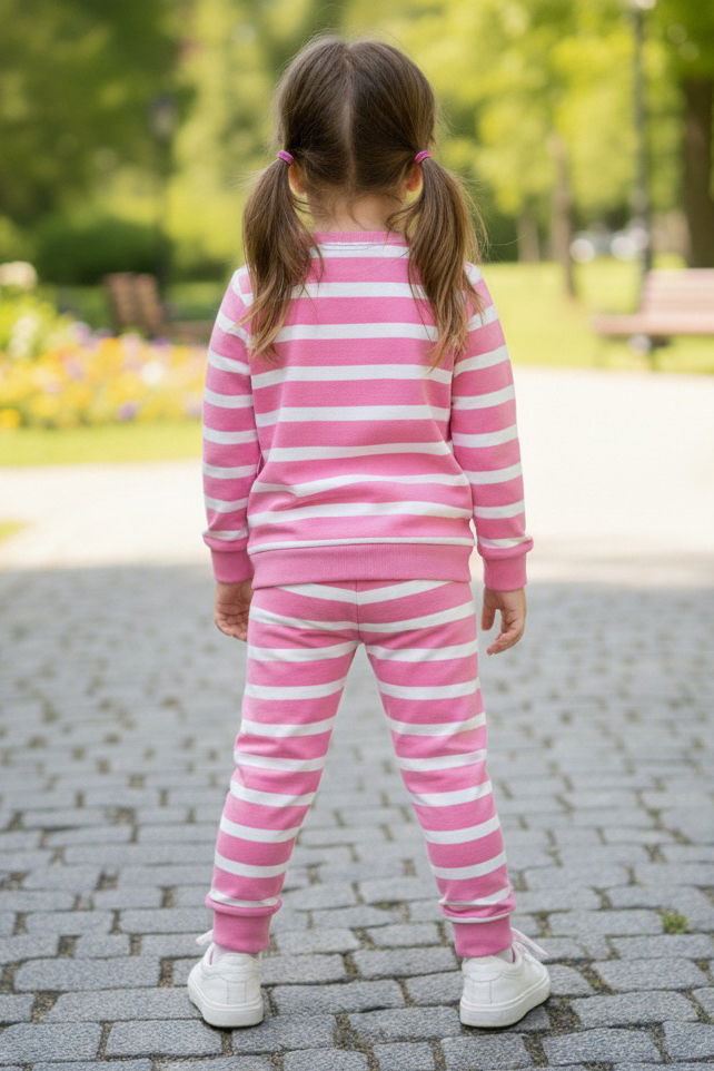 Kız Çocuk Pembe Çizgili Nakışlı İki İplik İkili Takım - 28011-PEMBE - 2