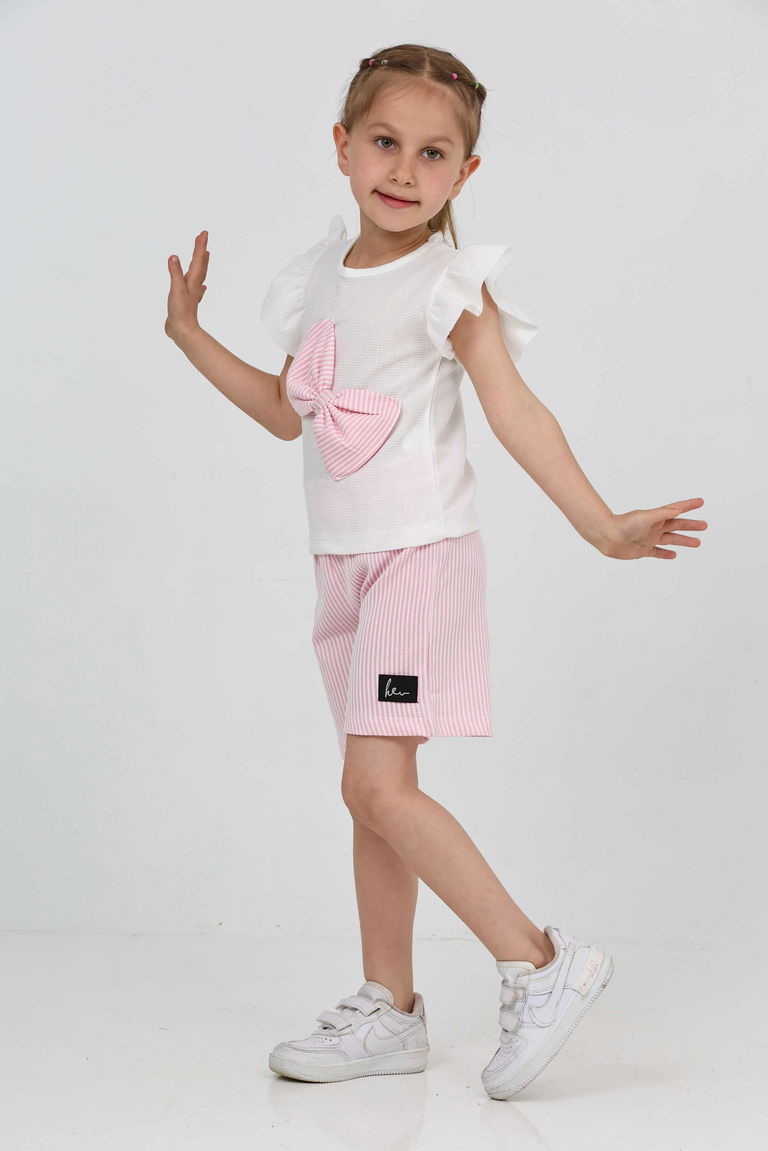 Kız Çocuk Pembe Fiyonklu Şort Takım - 27226 - TOFİSA