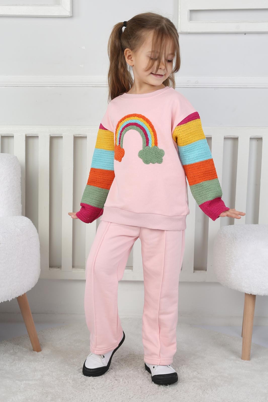 Kız Çocuk Pembe Gökkuşağı Nakışlı Kız Çocuk Takım - 26720 - 1