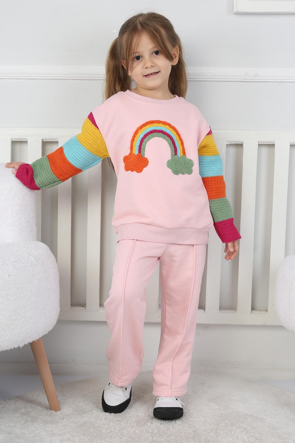 Kız Çocuk Pembe Gökkuşağı Nakışlı Kız Çocuk Takım - 26720 - 2