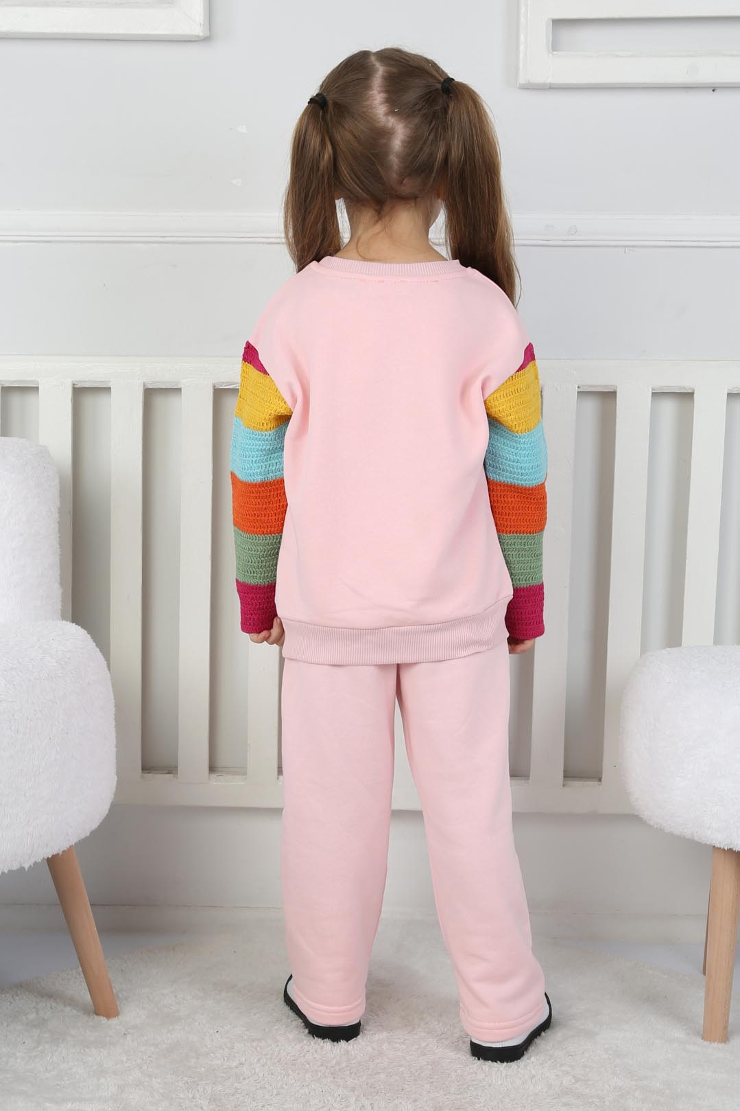 Kız Çocuk Pembe Gökkuşağı Nakışlı Kız Çocuk Takım - 26720 - 4