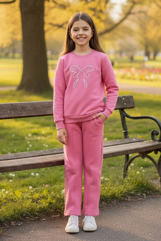 Kız Çocuk Pembe İnci Taş Detaylı Üç İplik Takım - 27957-PEMBE - TOFİSA