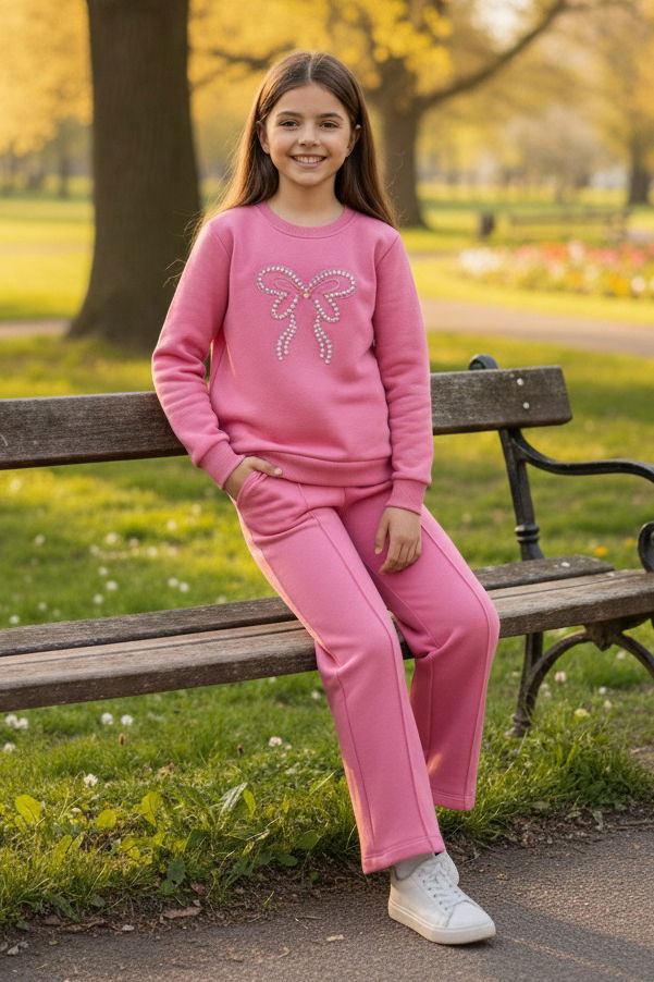 Kız Çocuk Pembe İnci Taş Detaylı Üç İplik Takım - 27957-PEMBE - 2