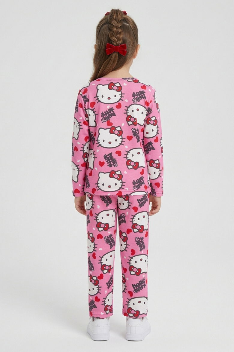 Kız Çocuk Pembe Kedi Basklı Süet Pijama Takımı - 28331-PEMBE - 2