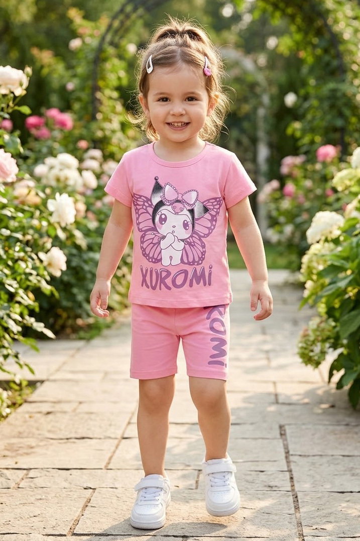 Kız Çocuk Pembe Kelebek Baskılı Kız Çocuk Şortlu Takım - 28562-PEMBE - 1