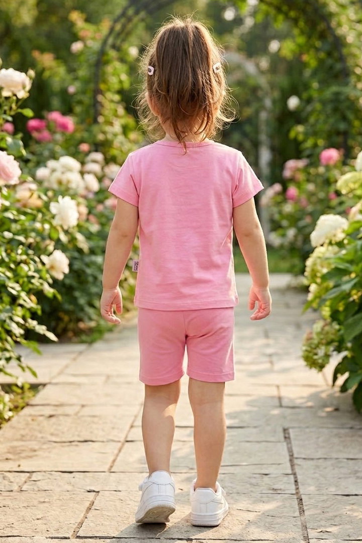 Kız Çocuk Pembe Kelebek Baskılı Kız Çocuk Şortlu Takım - 28562-PEMBE - 2