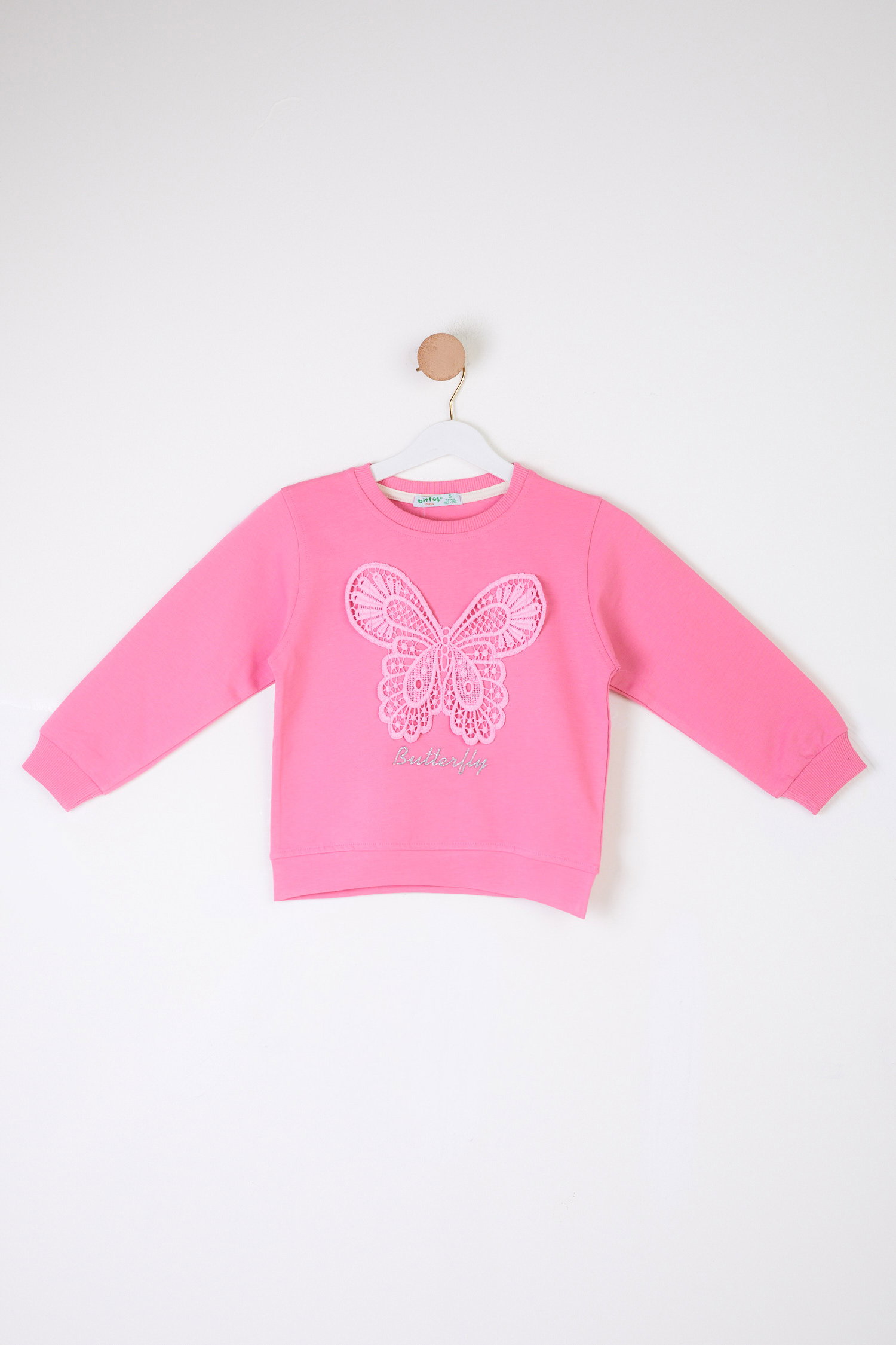 Kız Çocuk Pembe Kelebek Nakışlı Sweatshirt - 26106 - 1