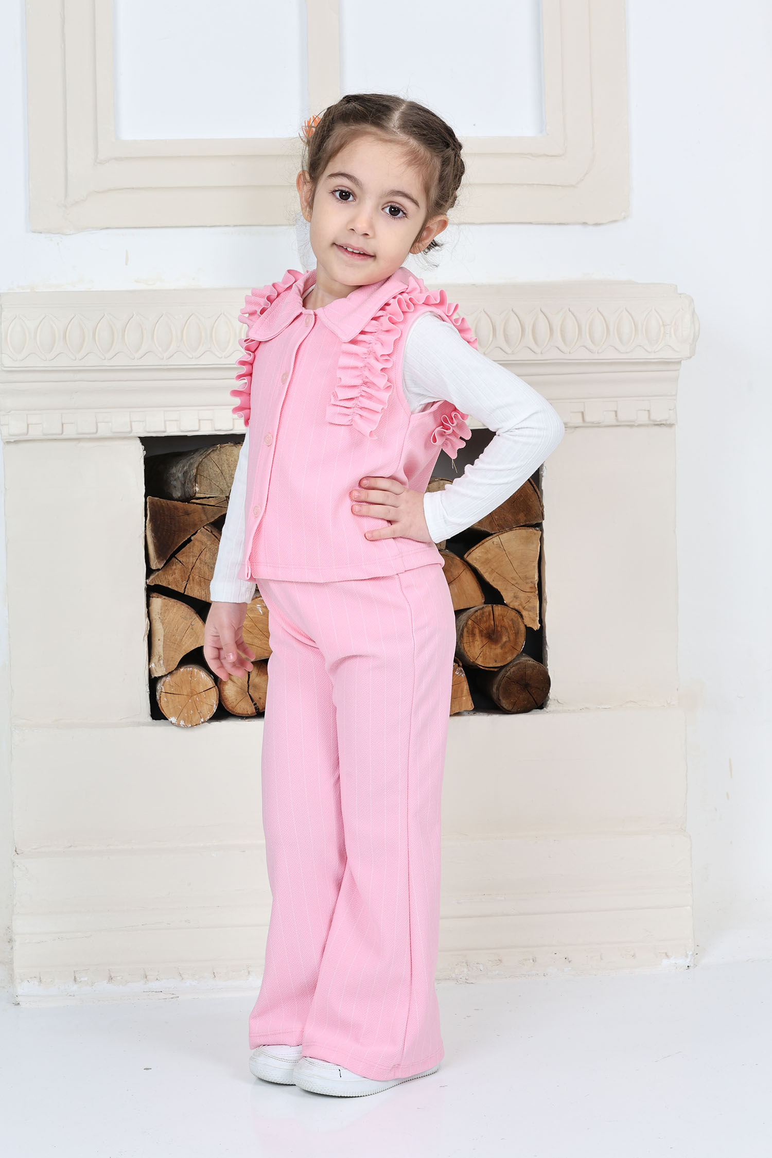 Kız Çocuk Pembe Kız Çocuk Çizgili Omuz Detay Düğmeli Yelek ve Salaş Pantolon Alt Üst Takım - 26819 - 1