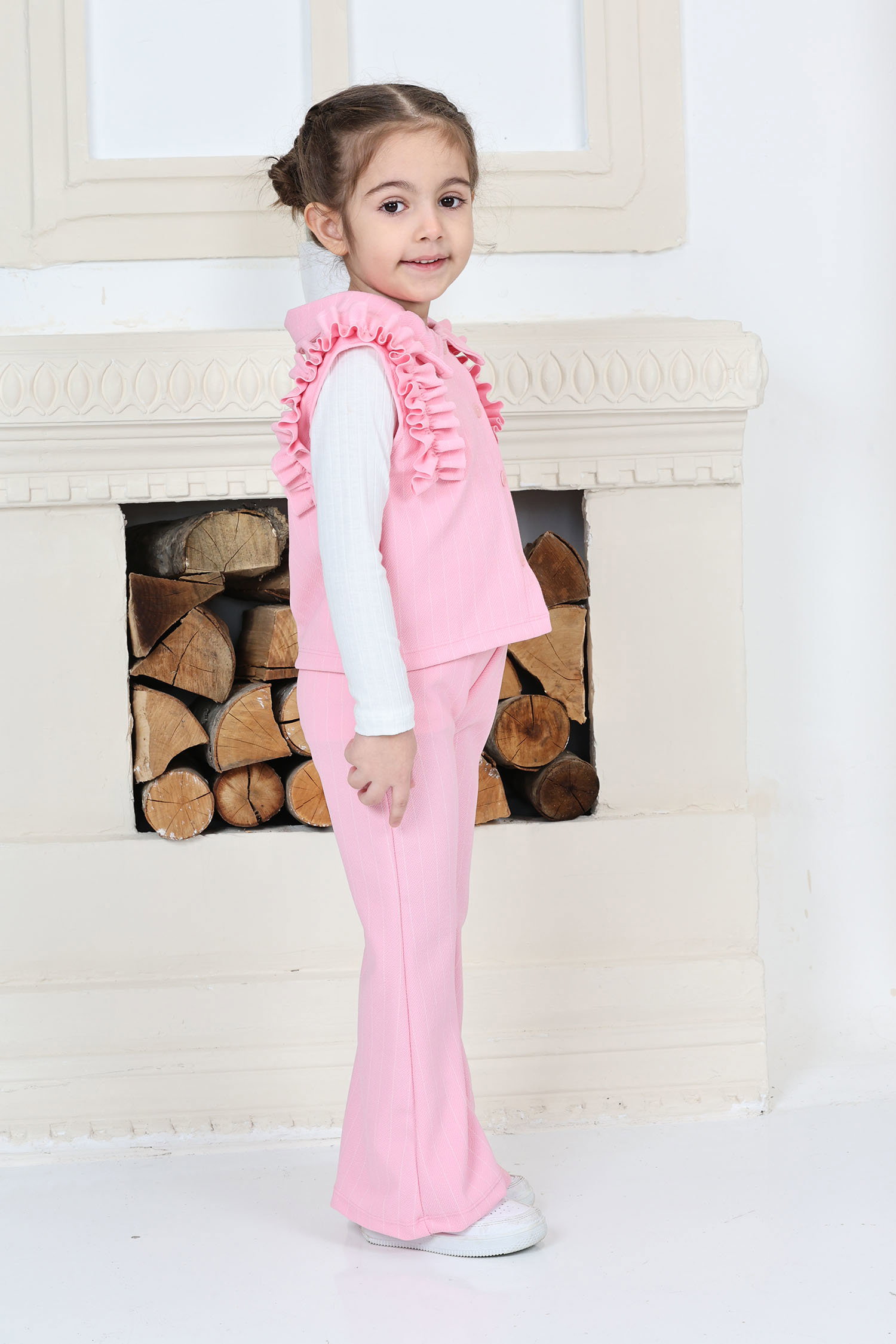 Kız Çocuk Pembe Kız Çocuk Çizgili Omuz Detay Düğmeli Yelek ve Salaş Pantolon Alt Üst Takım - 26819 - 3