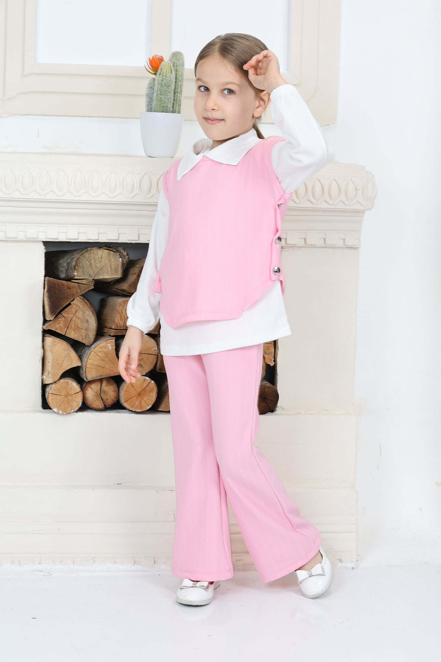 Kız Çocuk Pembe Kız Çocuk Yanı Bağlamalı Süveter Gömlek ve Pantolon Üçlü Alt Üst Takım - 26814 - 1