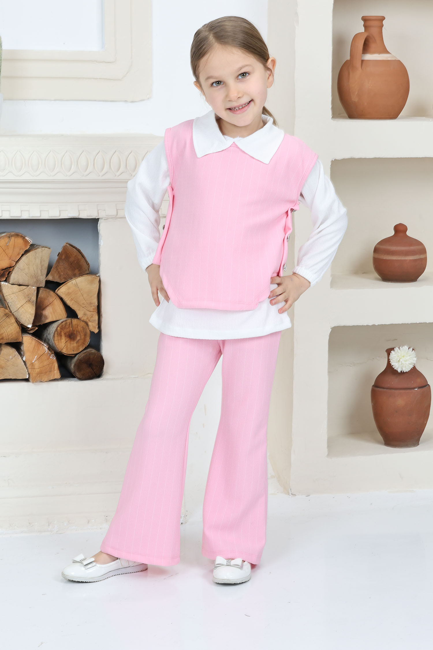 Kız Çocuk Pembe Kız Çocuk Yanı Bağlamalı Süveter Gömlek ve Pantolon Üçlü Alt Üst Takım - 26814 - 2