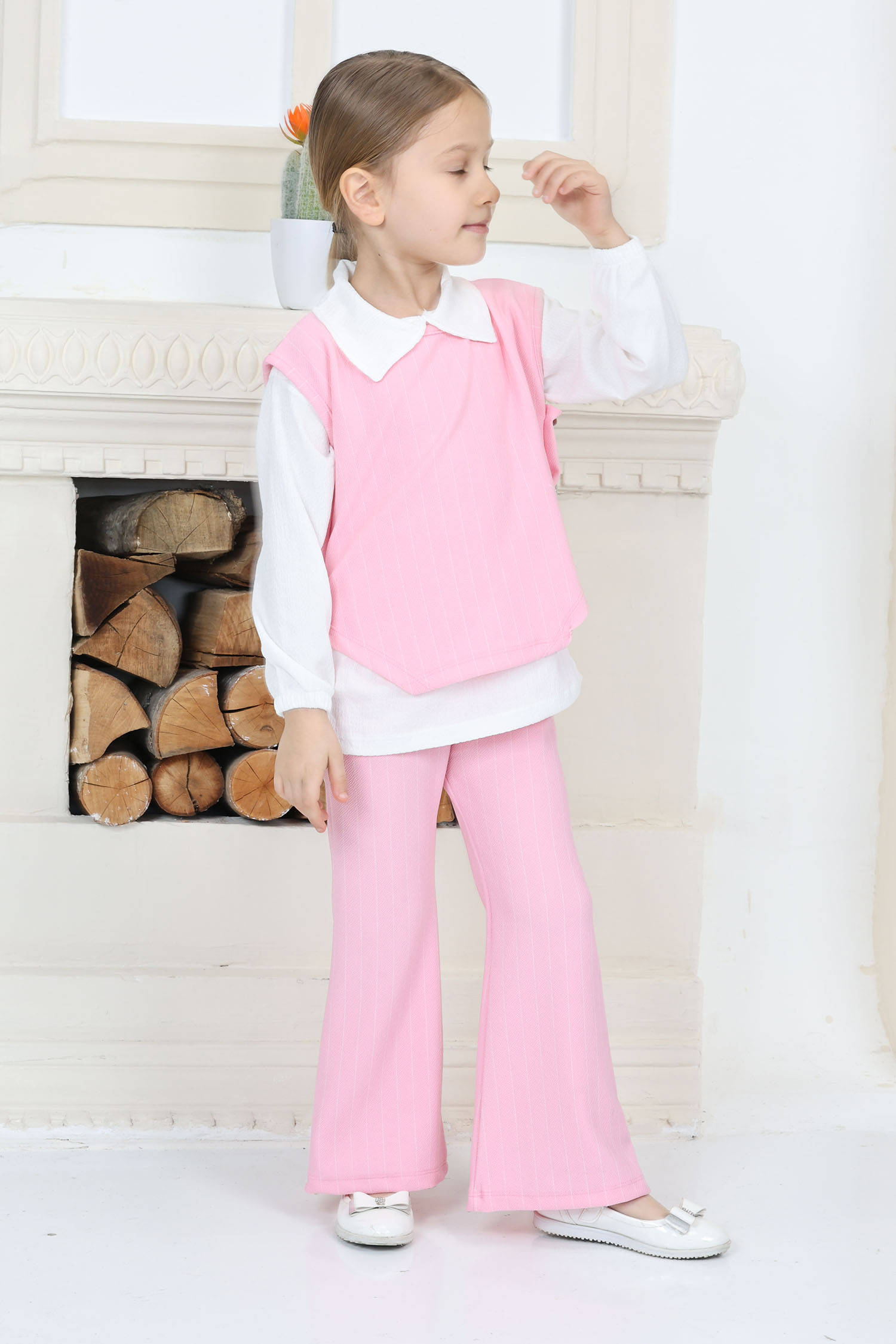 Kız Çocuk Pembe Kız Çocuk Yanı Bağlamalı Süveter Gömlek ve Pantolon Üçlü Alt Üst Takım - 26814 - 3