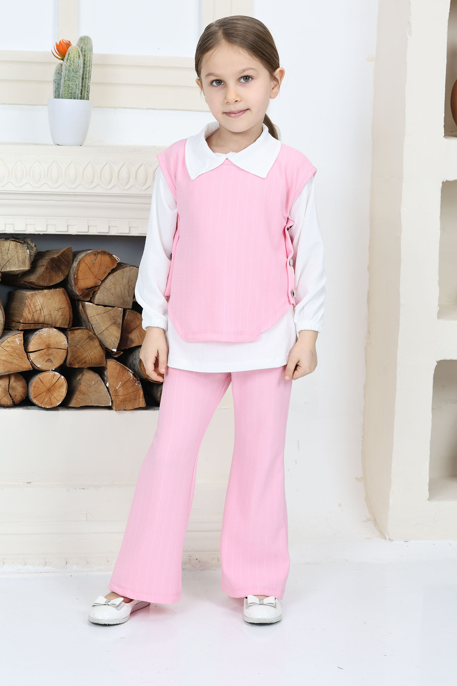 Kız Çocuk Pembe Kız Çocuk Yanı Bağlamalı Süveter Gömlek ve Pantolon Üçlü Alt Üst Takım - 26814 - 4
