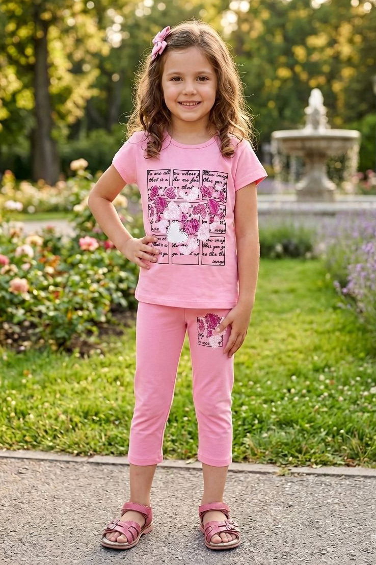 Kız Çocuk Pembe Küçük Kalp Baskılı Kız Çocuk Takım - 28560-PEMBE - 1