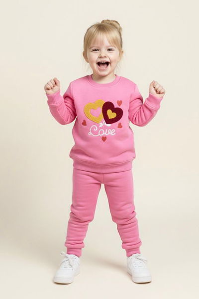 Kız Çocuk Pembe Nakışlı İki İplik Takım - 28149-PEMBE 