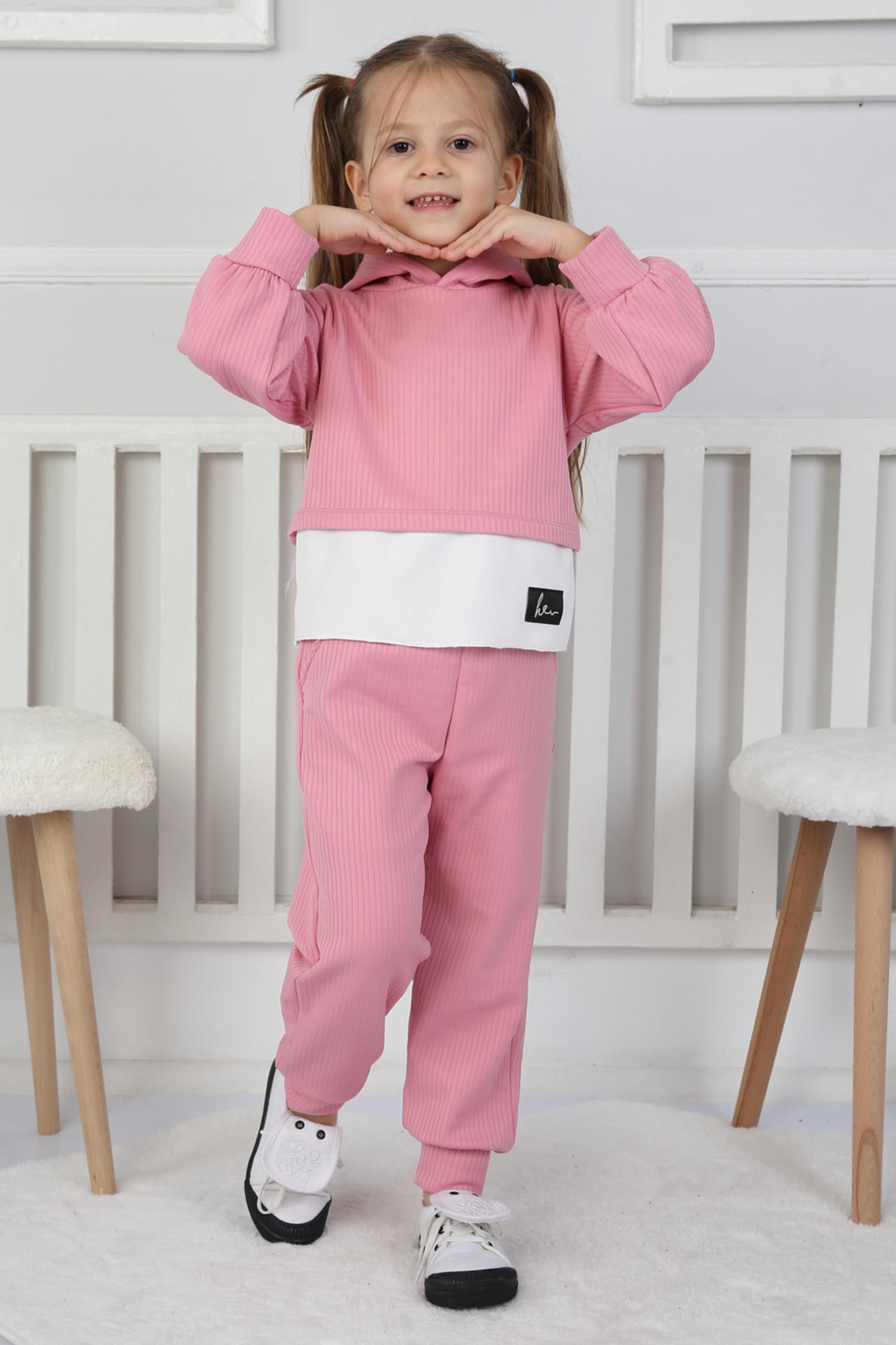 Kız Çocuk Pembe Parça Detaylı İkili Takım - 26793 - 1