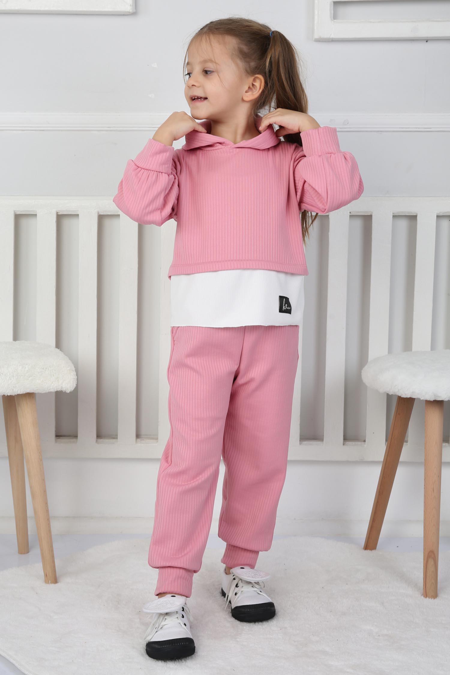 Kız Çocuk Pembe Parça Detaylı İkili Takım - 26793 - 2