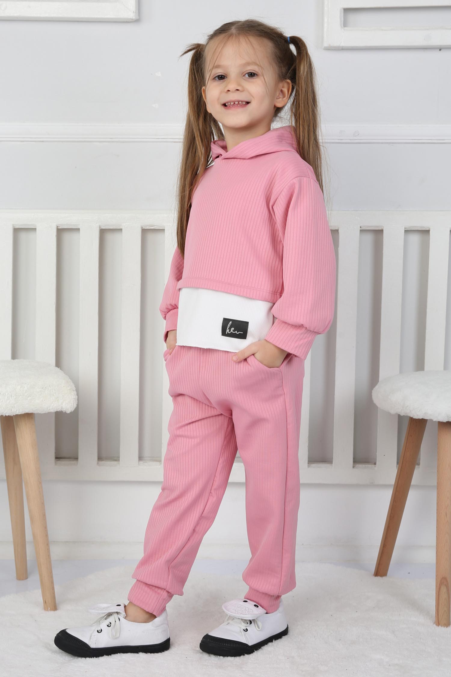 Kız Çocuk Pembe Parça Detaylı İkili Takım - 26793 - 3