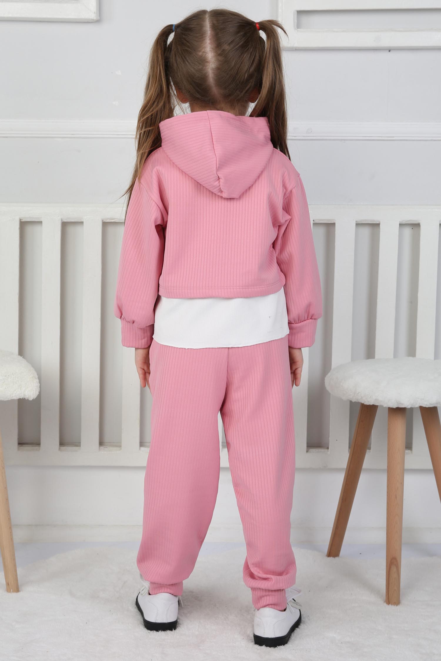 Kız Çocuk Pembe Parça Detaylı İkili Takım - 26793 - 4