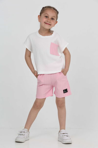 Kız Çocuk Pembe Tek Cepli Şort Takım - 27227 