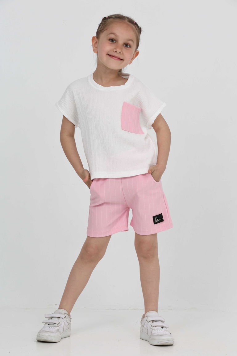 Kız Çocuk Pembe Tek Cepli Şort Takım - 27227