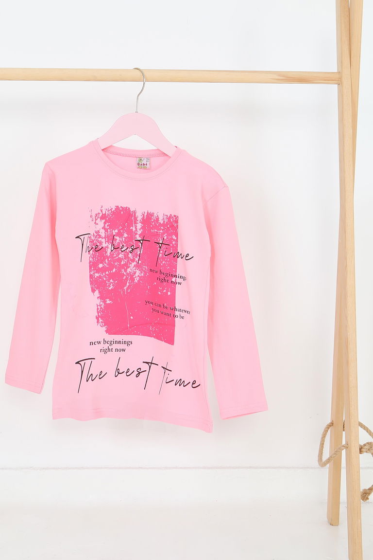 Kız Çocuk Pembe Uzun Kollu Baskılı Penye Badi - 27693 - TOFİSA