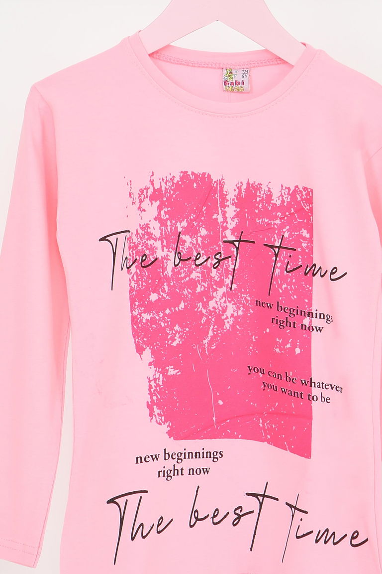 Kız Çocuk Pembe Uzun Kollu Baskılı Penye Badi - 27693 - TOFİSA