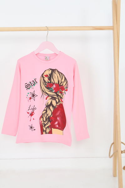 Kız Çocuk Pembe Uzun Kollu Baskılı Penye Badi - 27694 
