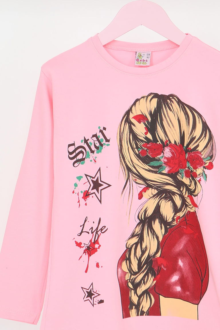 Kız Çocuk Pembe Uzun Kollu Baskılı Penye Badi - 27694 - TOFİSA