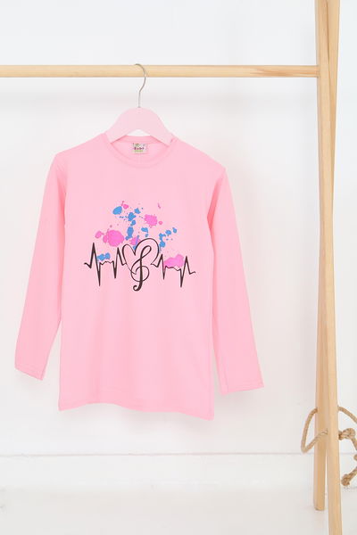 Kız Çocuk Pembe Uzun Kollu Baskılı Penye Badi - 27695 