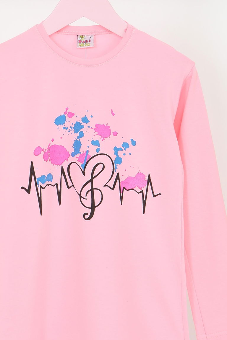 Kız Çocuk Pembe Uzun Kollu Baskılı Penye Badi - 27695 - TOFİSA