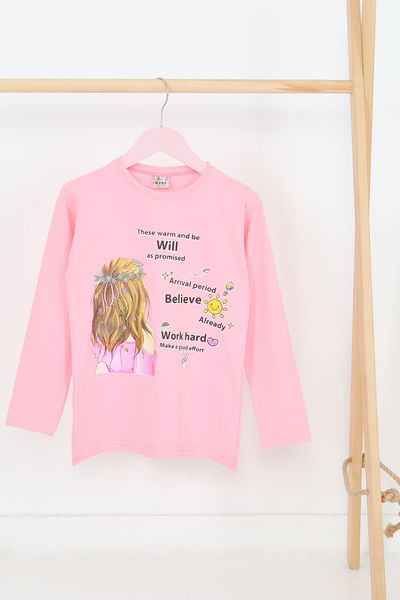 Kız Çocuk Pembe Uzun Kollu Baskılı Penye Badi - 27697 