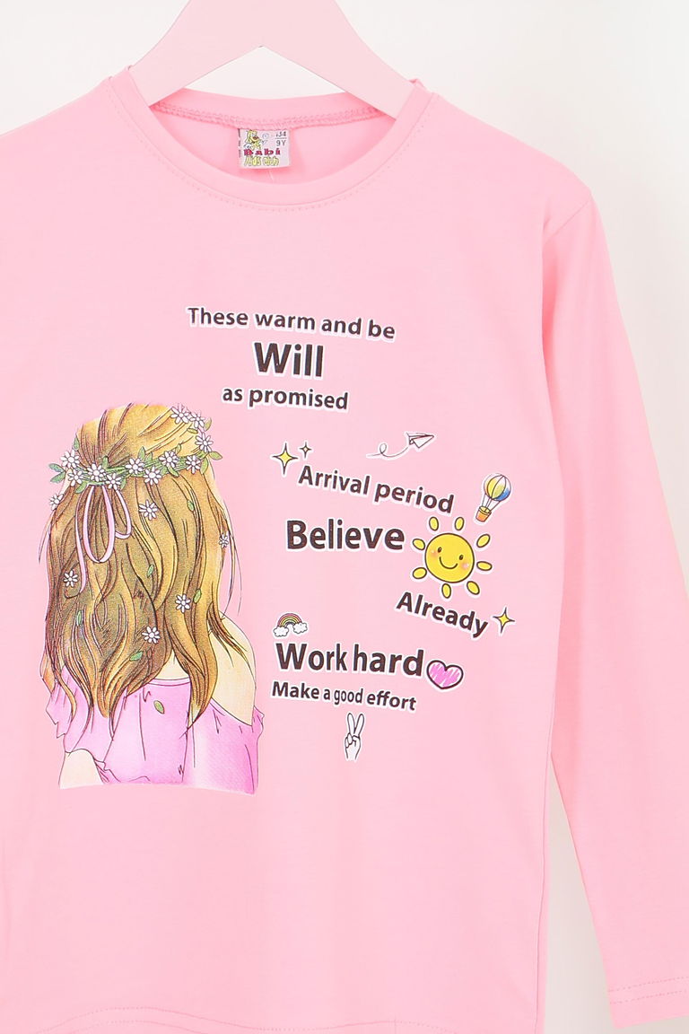 Kız Çocuk Pembe Uzun Kollu Baskılı Penye Badi - 27697 - TOFİSA