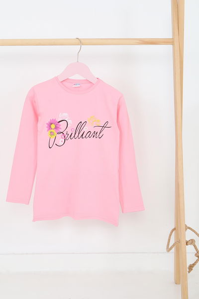 Kız Çocuk Pembe Uzun Kollu Baskılı Penye Badi - 27699 