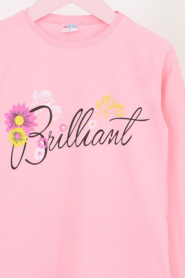 Kız Çocuk Pembe Uzun Kollu Baskılı Penye Badi - 27699 - TOFİSA