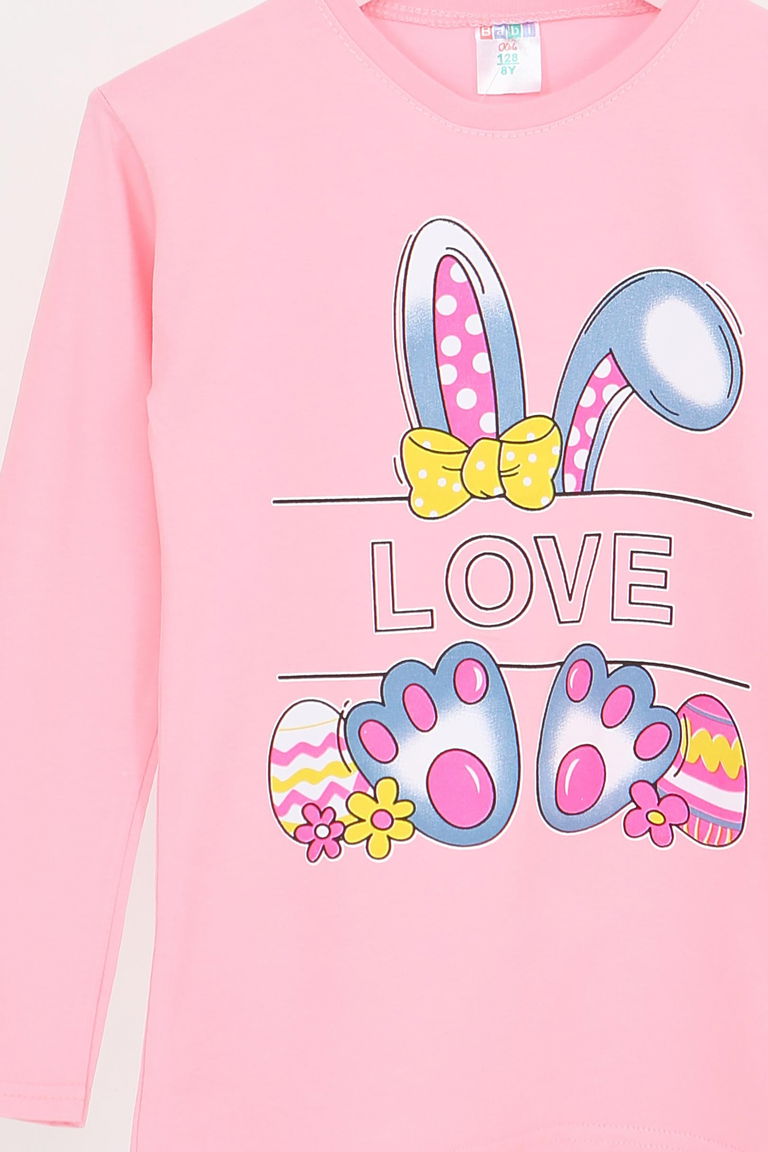 Kız Çocuk Pembe Uzun Kollu Baskılı Penye Badi - 27700 - TOFİSA