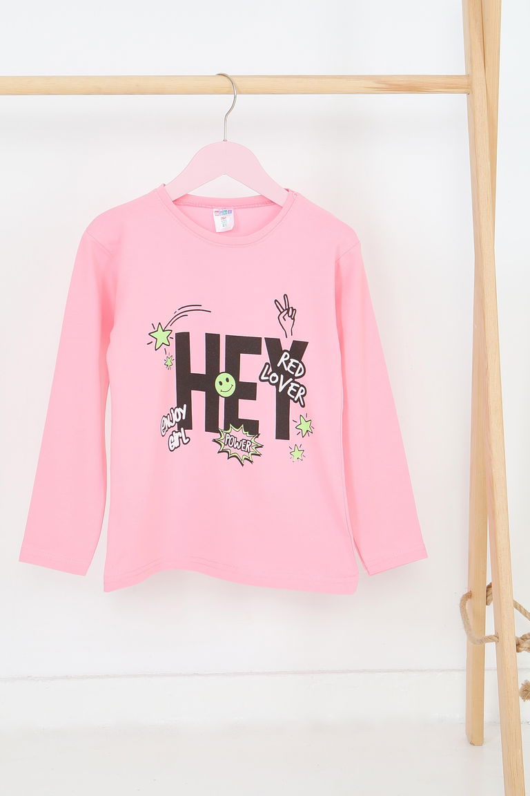 Kız Çocuk Pembe Uzun Kollu Baskılı Penye Badi - 27701 - TOFİSA