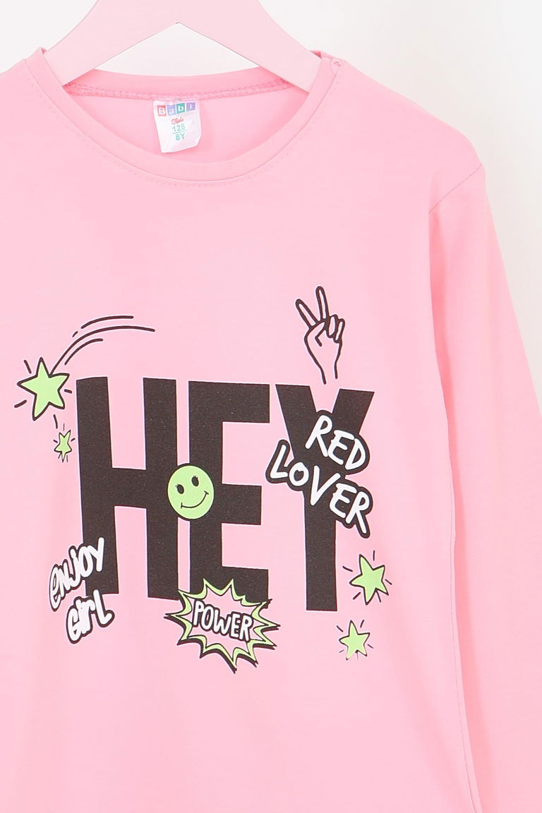 Kız Çocuk Pembe Uzun Kollu Baskılı Penye Badi - 27701 - TOFİSA