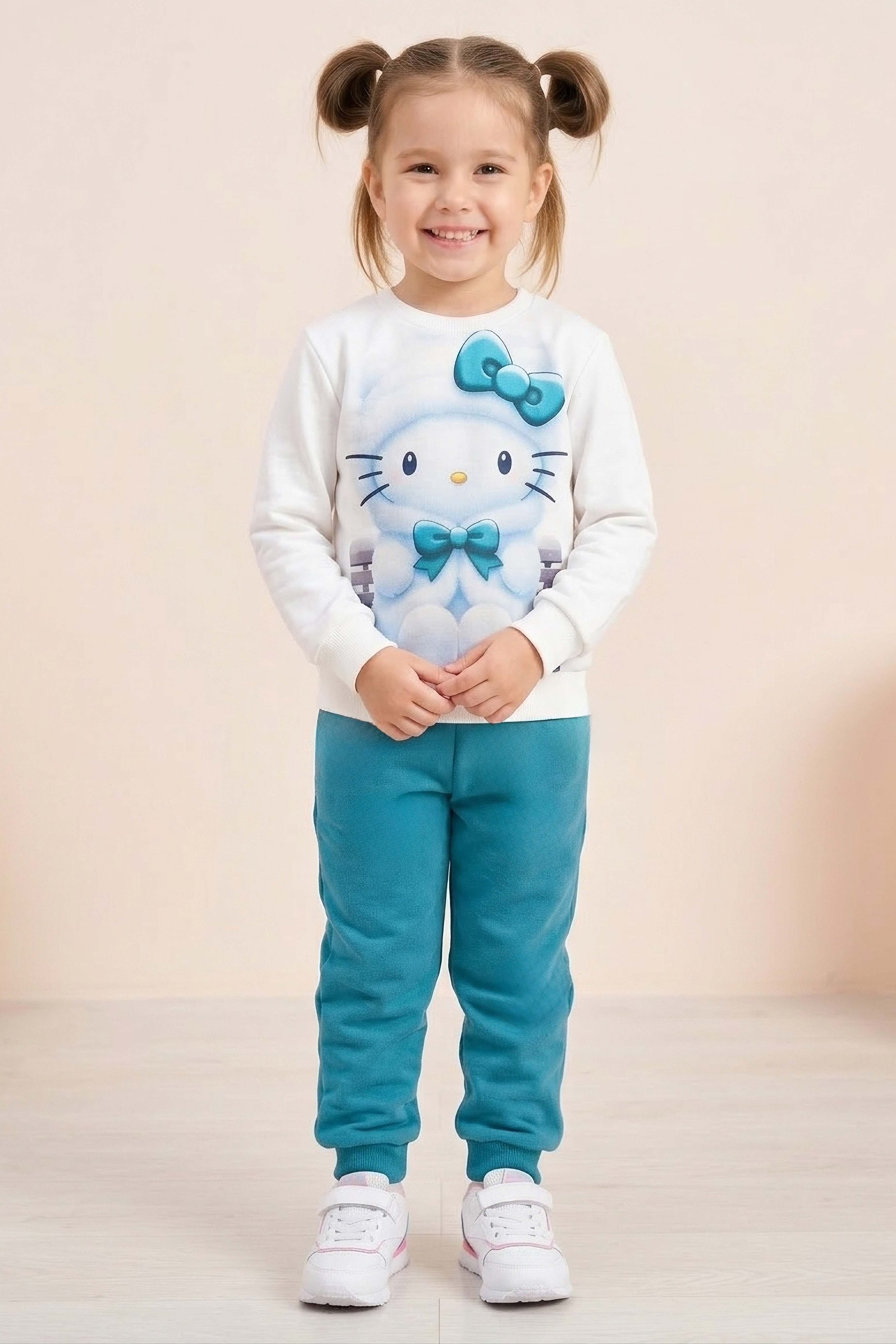 Kız Çocuk Petrol Baskılı İki İplik Çocuk Pijama Takımı - 28347-PETROL - 1