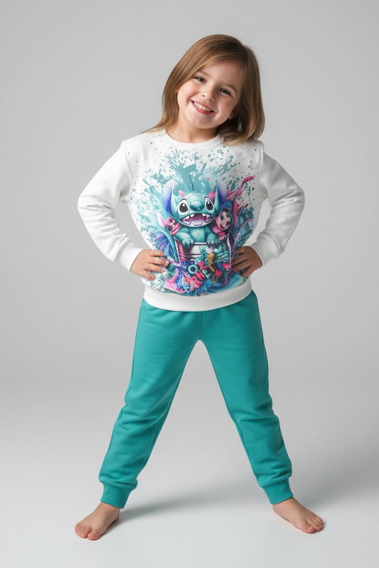 Kız Çocuk Petrol Baskılı Pijama Takımı - 28096-PETROL - TOFİSA