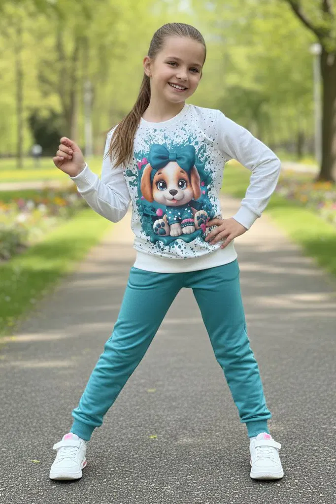 Kız Çocuk Petrol Baskılı Pijama Takımı - 28166-PETROL - TOFİSA