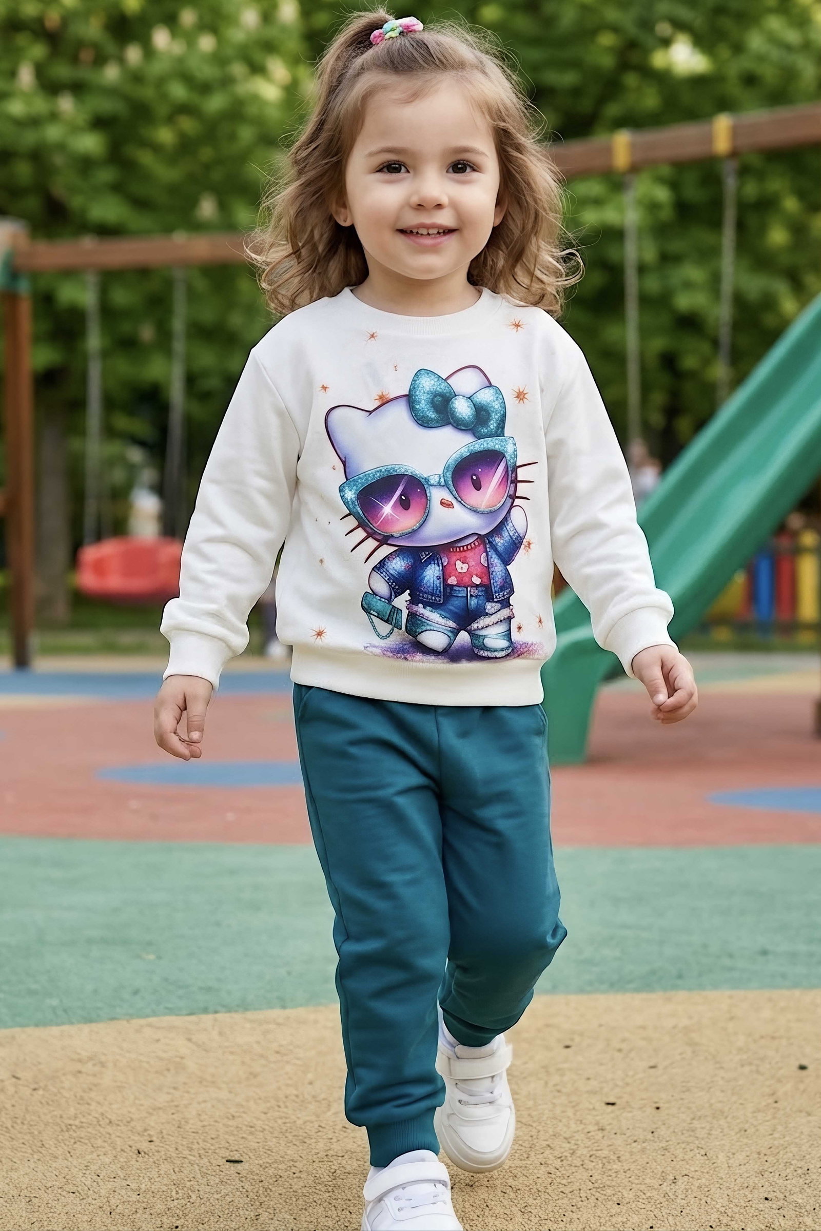 Kız Çocuk Petrol Baskılı Şardonlu Pijama Takımı - 28237-PETROL - 1