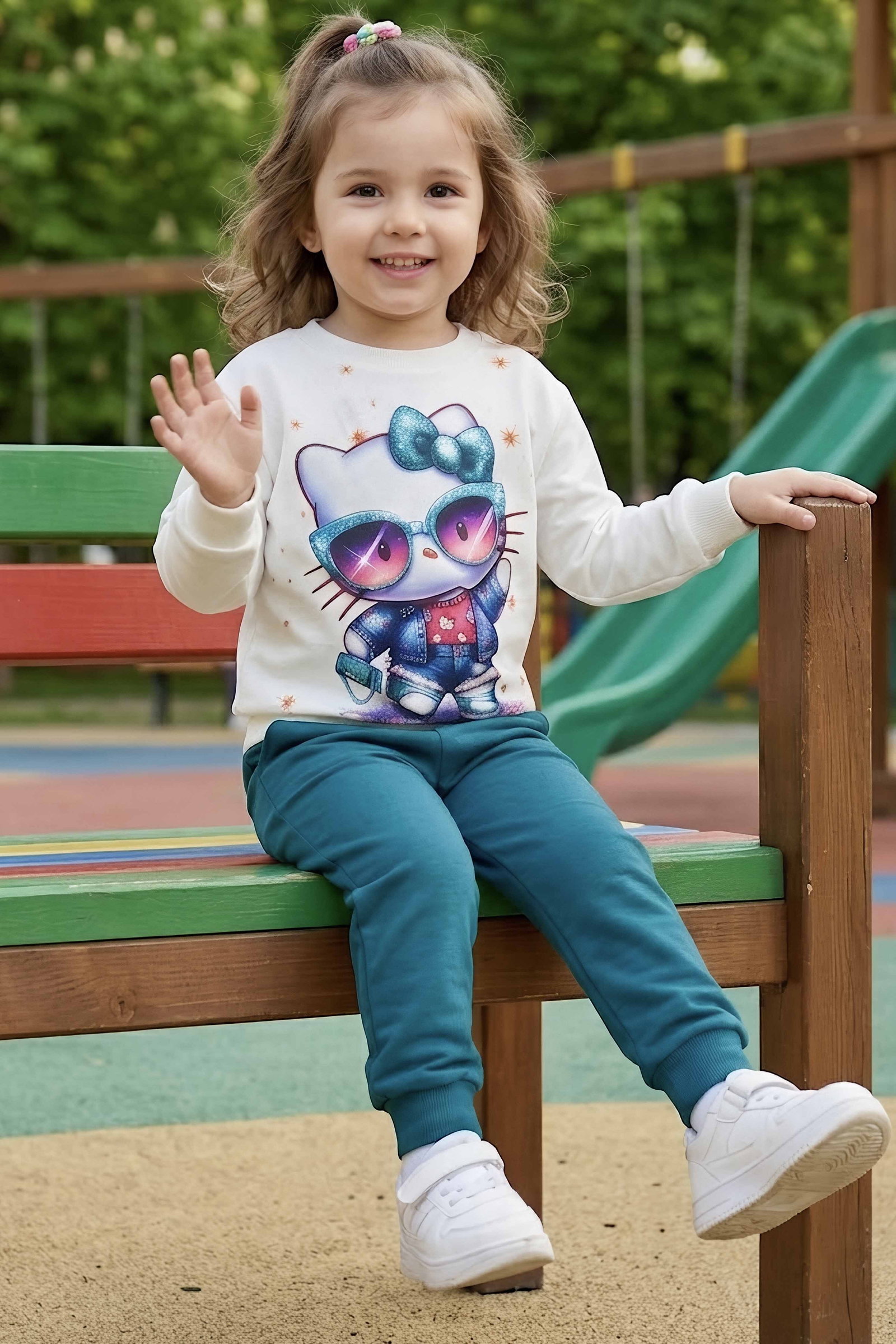 Kız Çocuk Petrol Baskılı Şardonlu Pijama Takımı - 28237-PETROL - 2