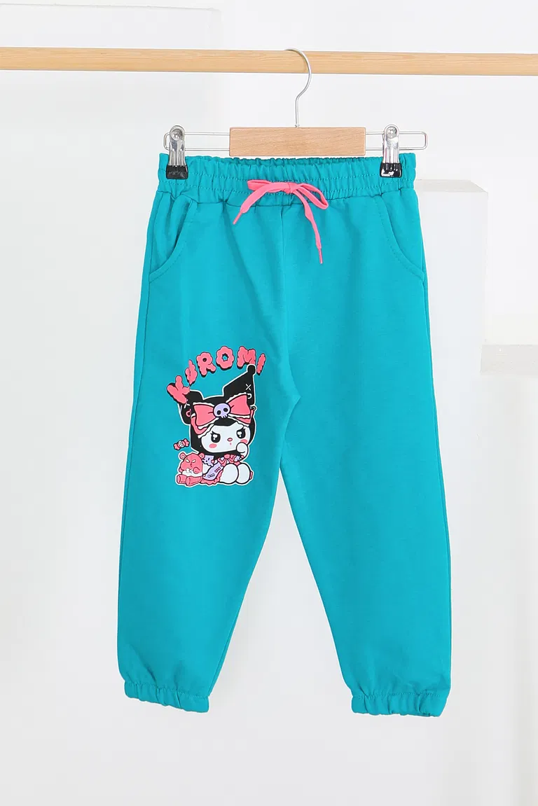 Kız Çocuk Petrol Beli Lastikli Baskılı Penye Eşofman Altı - 27688 - TOFİSA