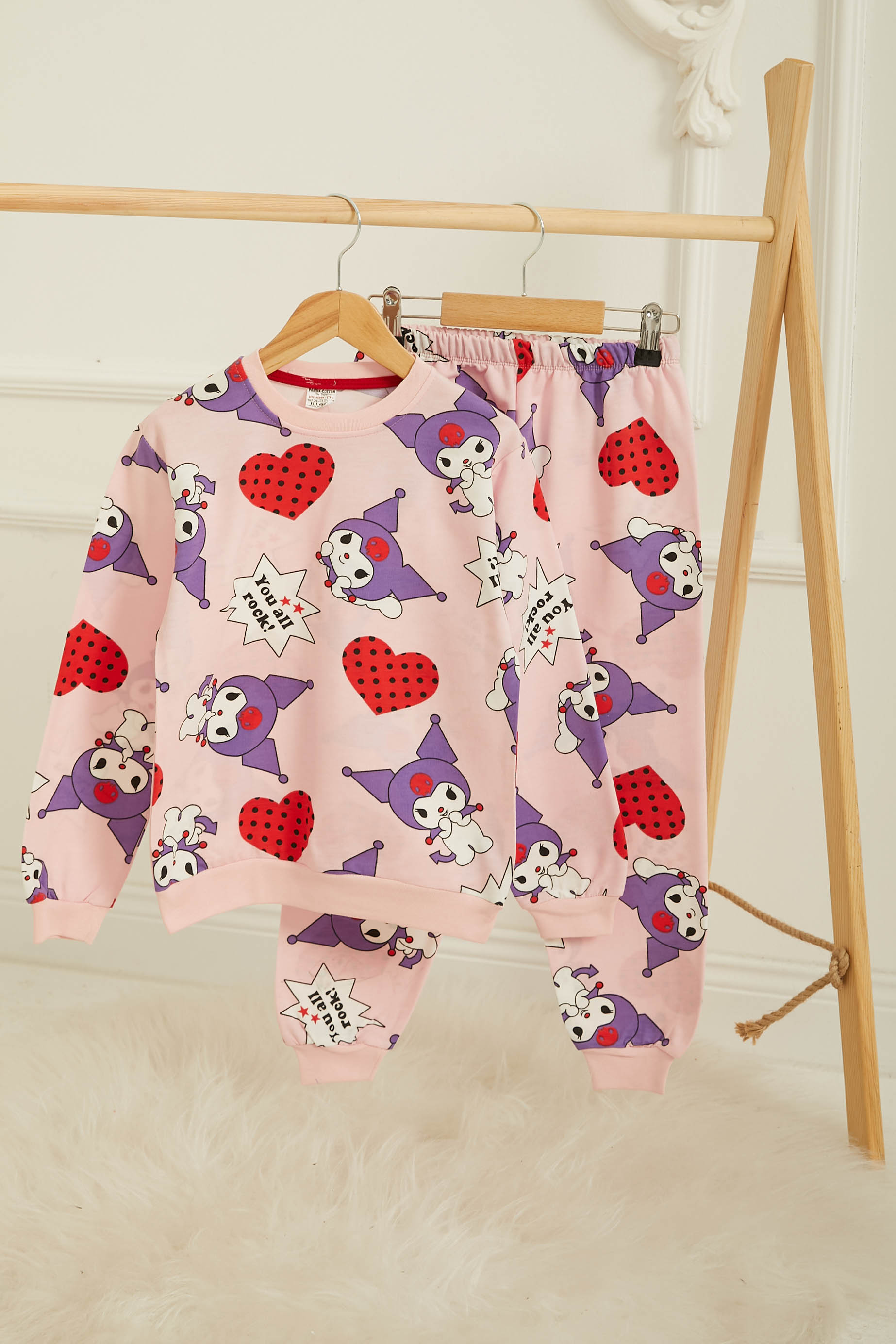 Kız Çocuk Pudra Baskılı Pijama Takımı - 26805 - 1