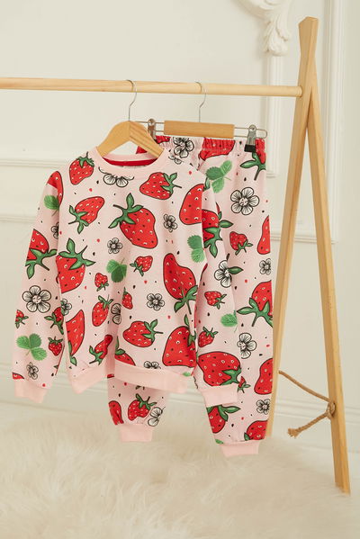 Kız Çocuk Pudra Baskılı Pijama Takımı - 26808 