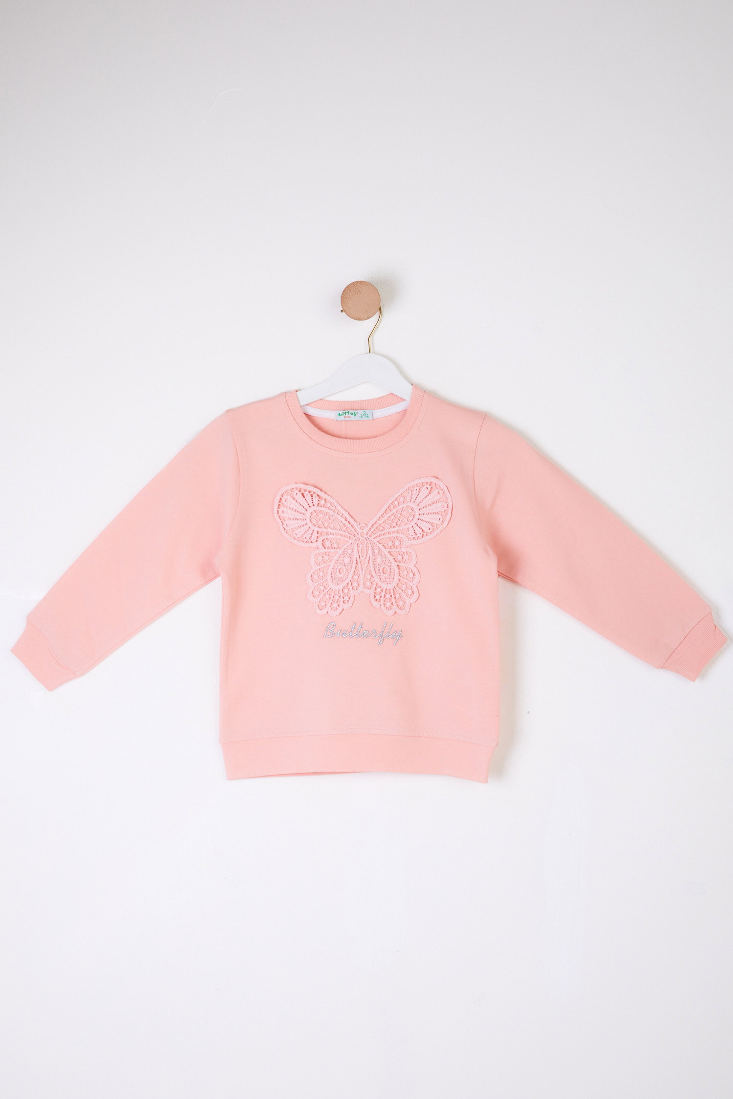 Kız Çocuk Pudra Kelebek Nakışlı Sweatshirt - 26106 - 1