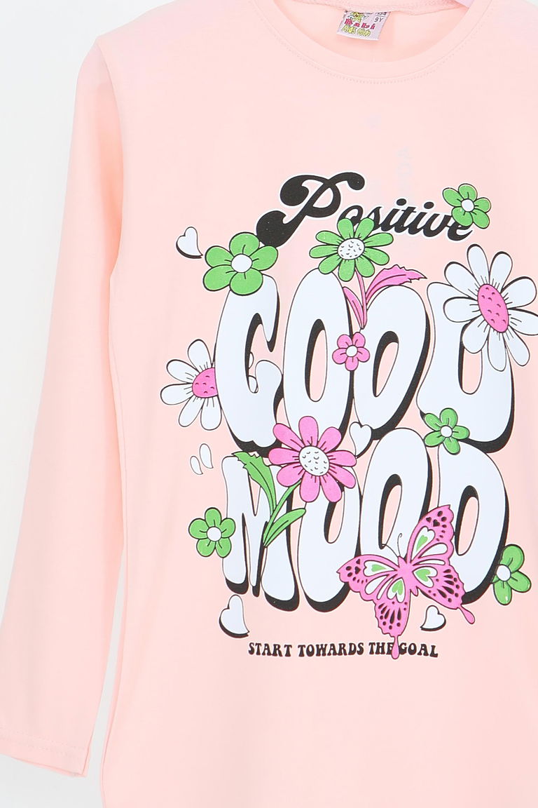 Kız Çocuk Pudra Uzun Kollu Baskılı Penye Badi - 27691 - TOFİSA